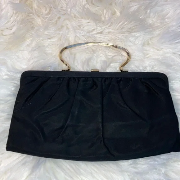 BOBBIE JEROME blk evening bag, sz. on pics, 1 spot, gold handle option. $15 - Picture 1 of 8